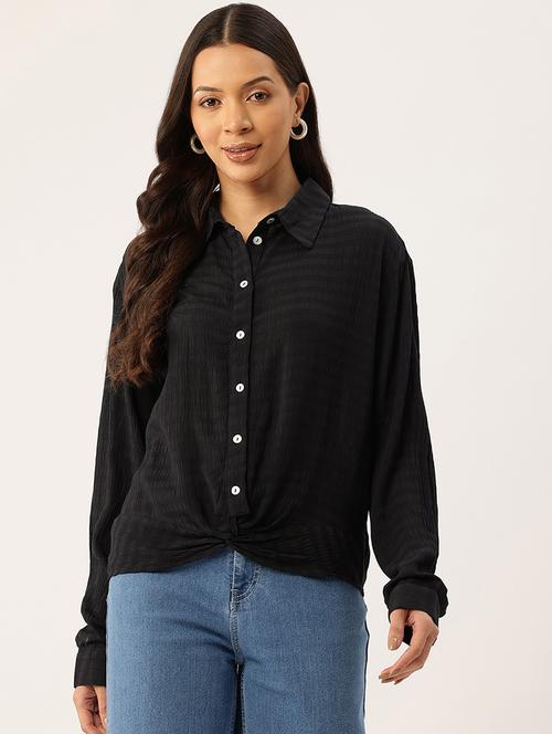 women black solid collared long sleeve shirt - 22028538 - Standard Image - 0