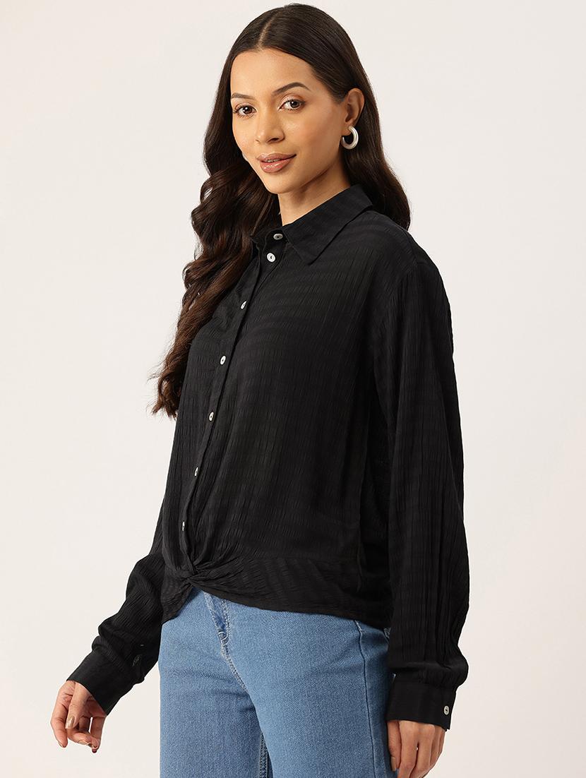 women black solid collared long sleeve shirt - 22028538 -  Standard Image - 1