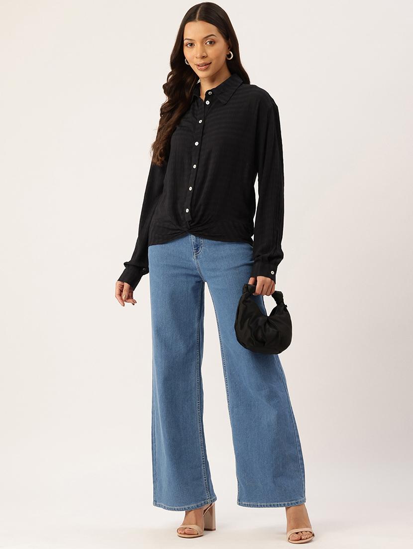 women black solid collared long sleeve shirt - 22028538 - Standard Image - 4