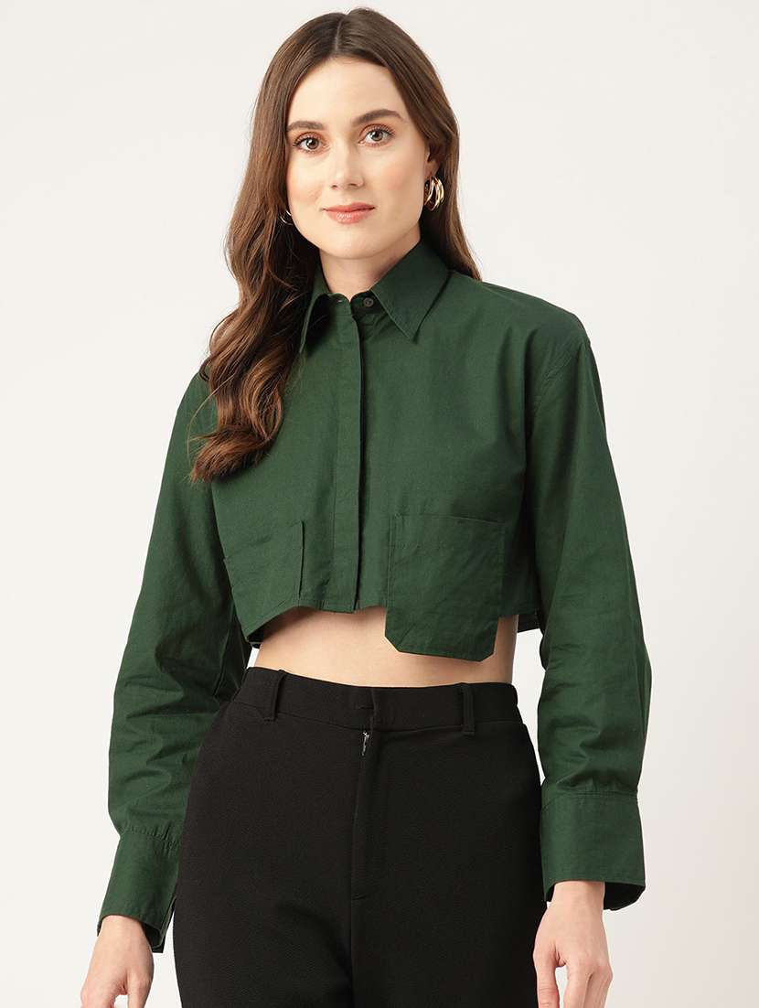 women green solid collared long sleeve crop shirt