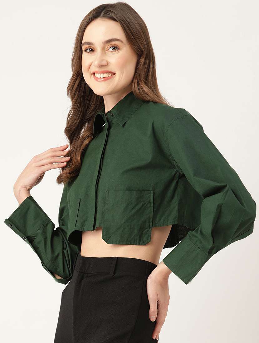 women green solid collared long sleeve crop shirt - 22028539 - Standard Image - 1