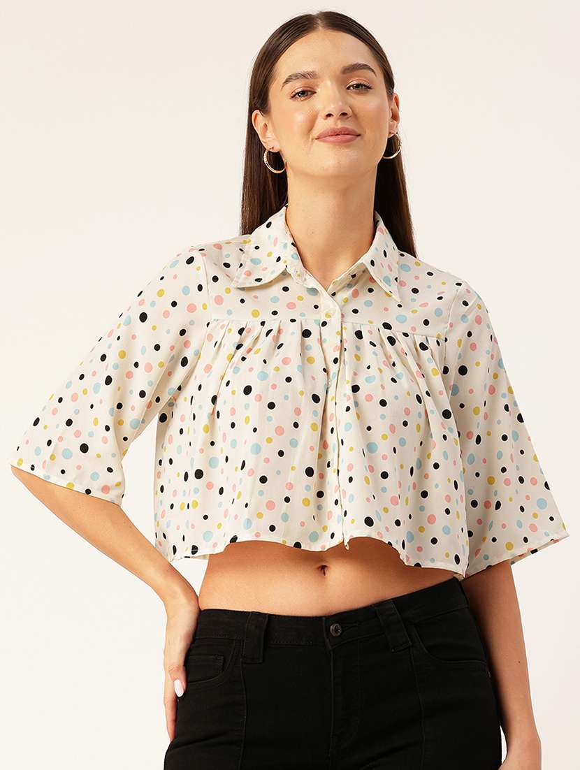 women polka doted collared crop top