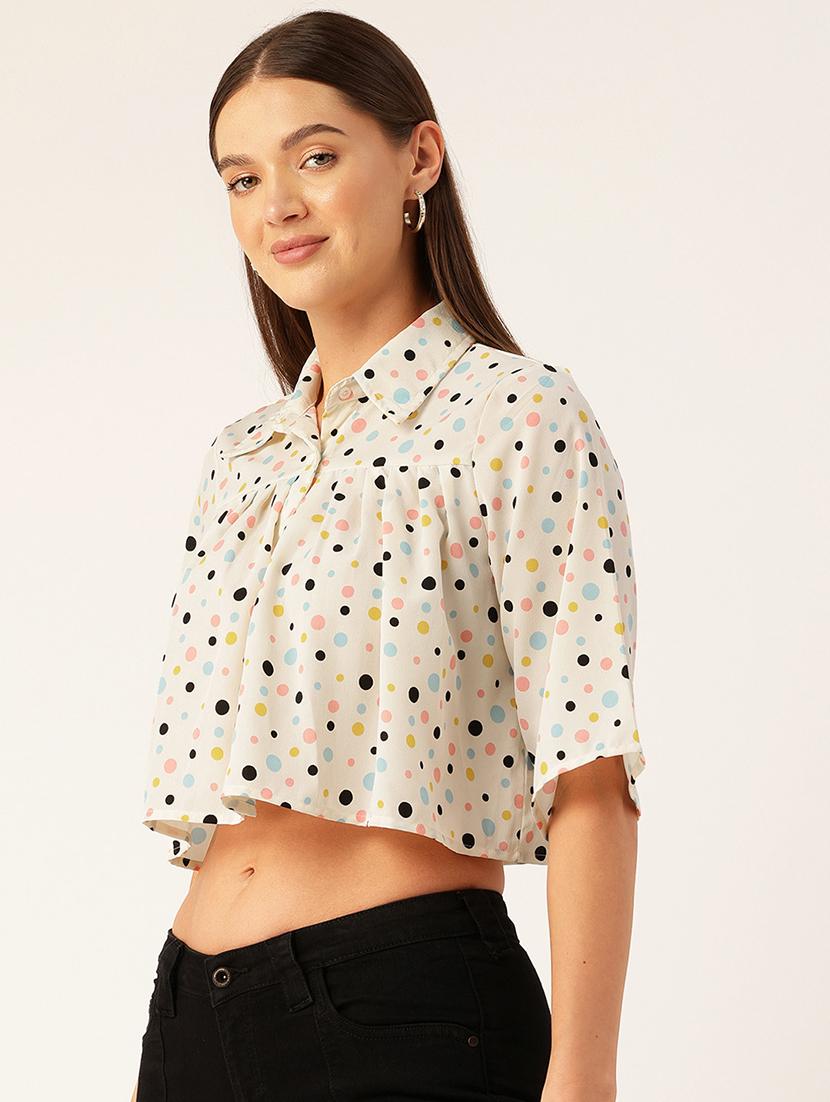 women polka doted collared crop top - 22028543 - Standard Image - 1