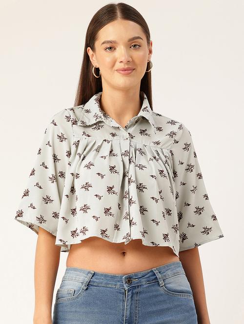 women grey printed collared crop top - 22028544 -  Standard Image - 0
