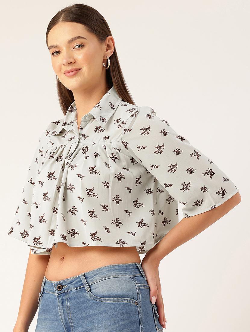 women grey printed collared crop top - 22028544 - Standard Image - 1