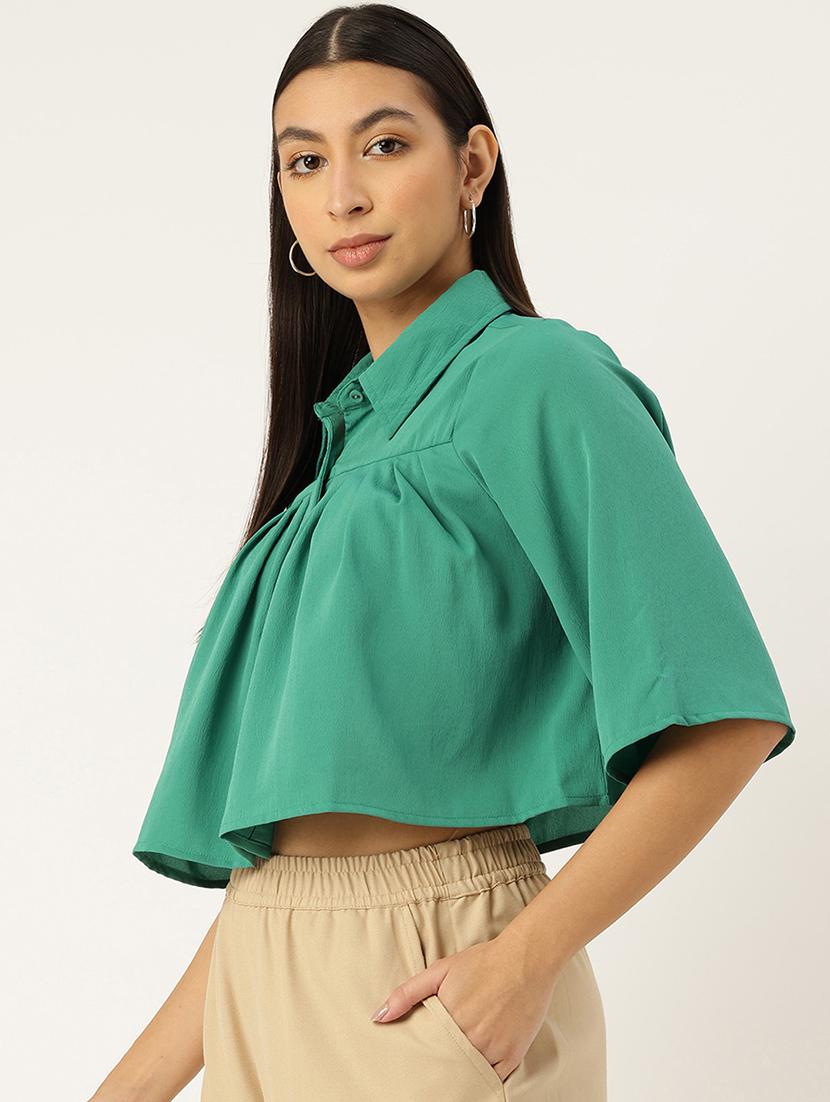 women green solid collared crop top - 22028545 -  Standard Image - 1