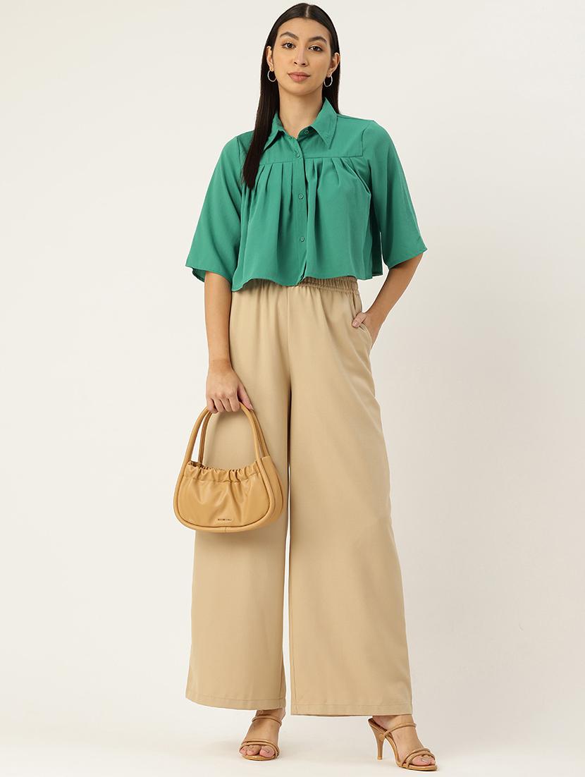 women green solid collared crop top - 22028545 - Standard Image - 4