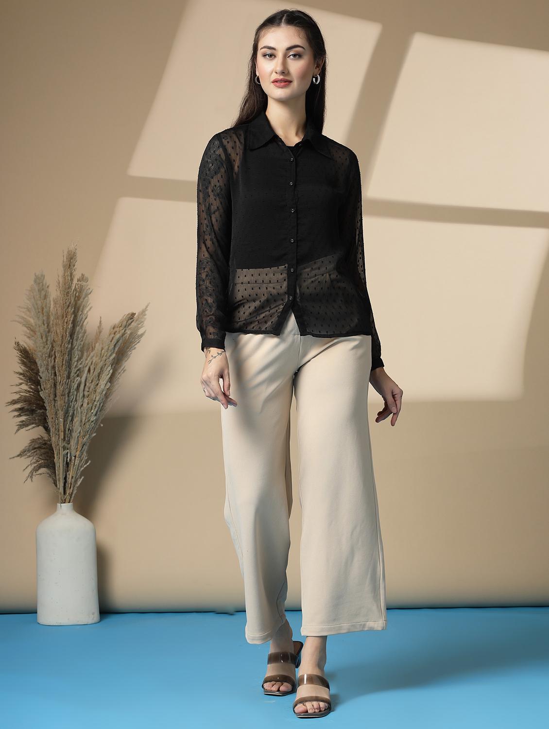 women black self designed sheer shirt top - 22028546 - Standard Image - 4
