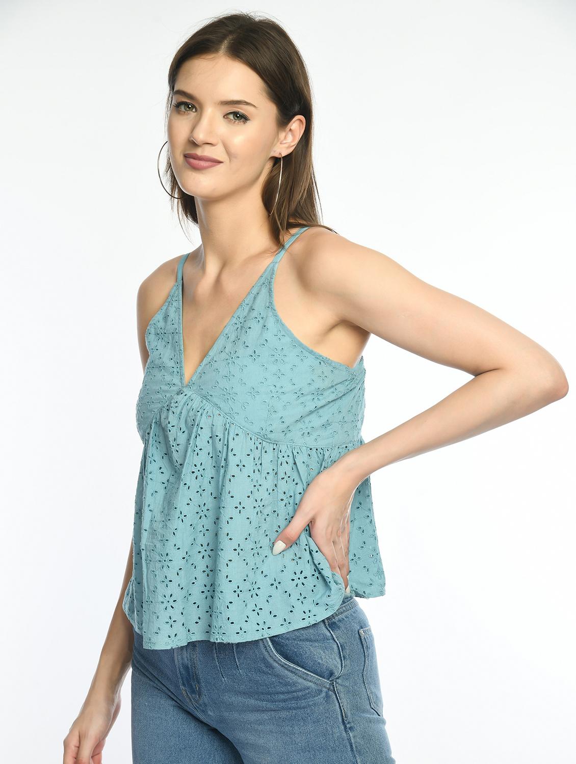 women solid shoulder strap a-line schiffli top - 22028549 -  Standard Image - 1