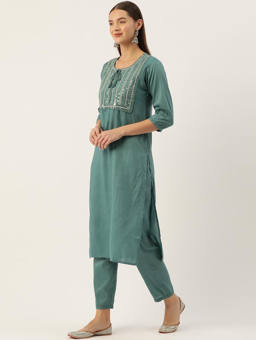 women embellished three quarter sleeve kurta pant set - 22028558 - Standard Image - 1