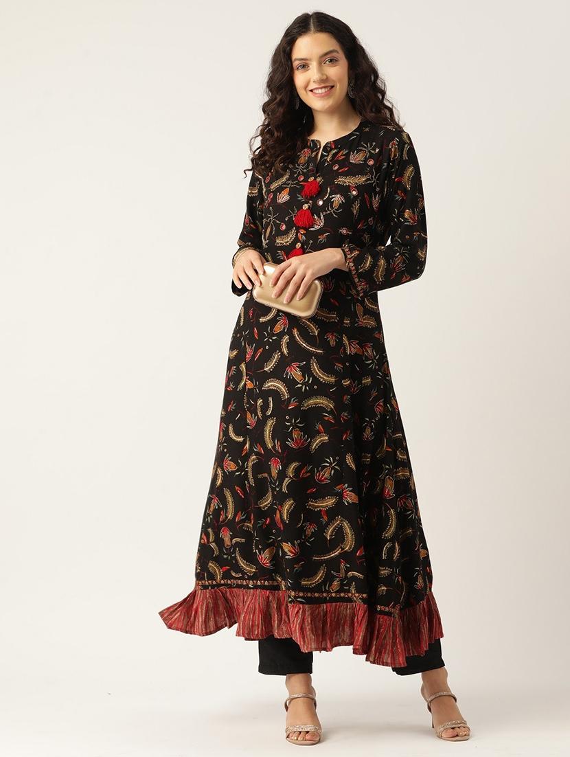 women printed long sleeve tiered kurta - 22028571 - Standard Image - 1