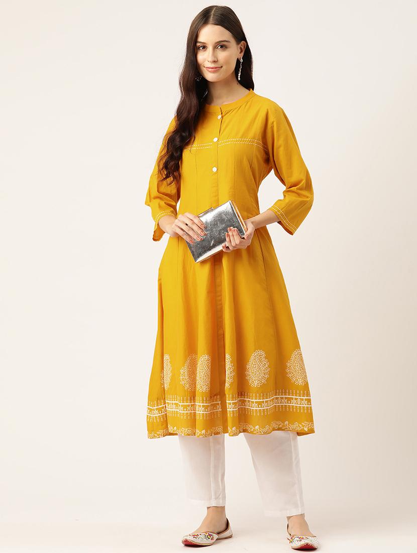 women printed three quarter sleeve a-line kurta - 22028572 - Standard Image - 1