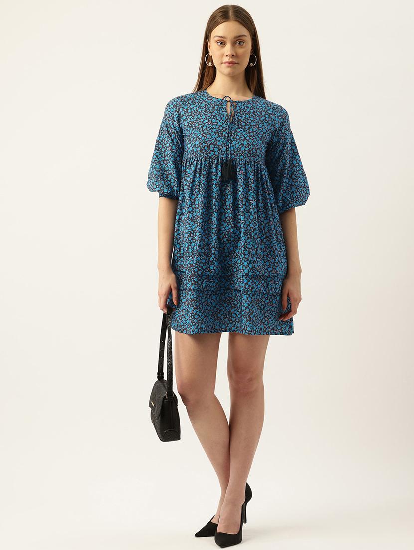 women blue printed puff sleeve tiered dress - 22028576 - Standard Image - 1