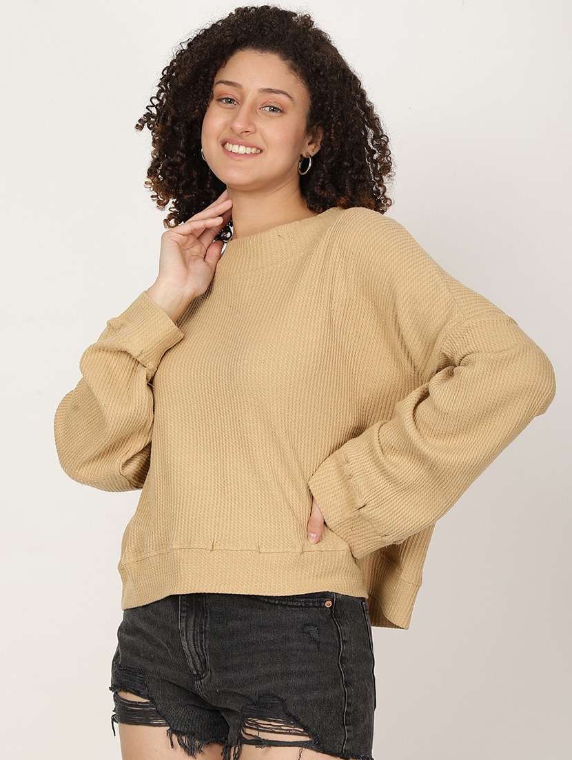 women beige solid long sleeve relaxed fit sweatshirt