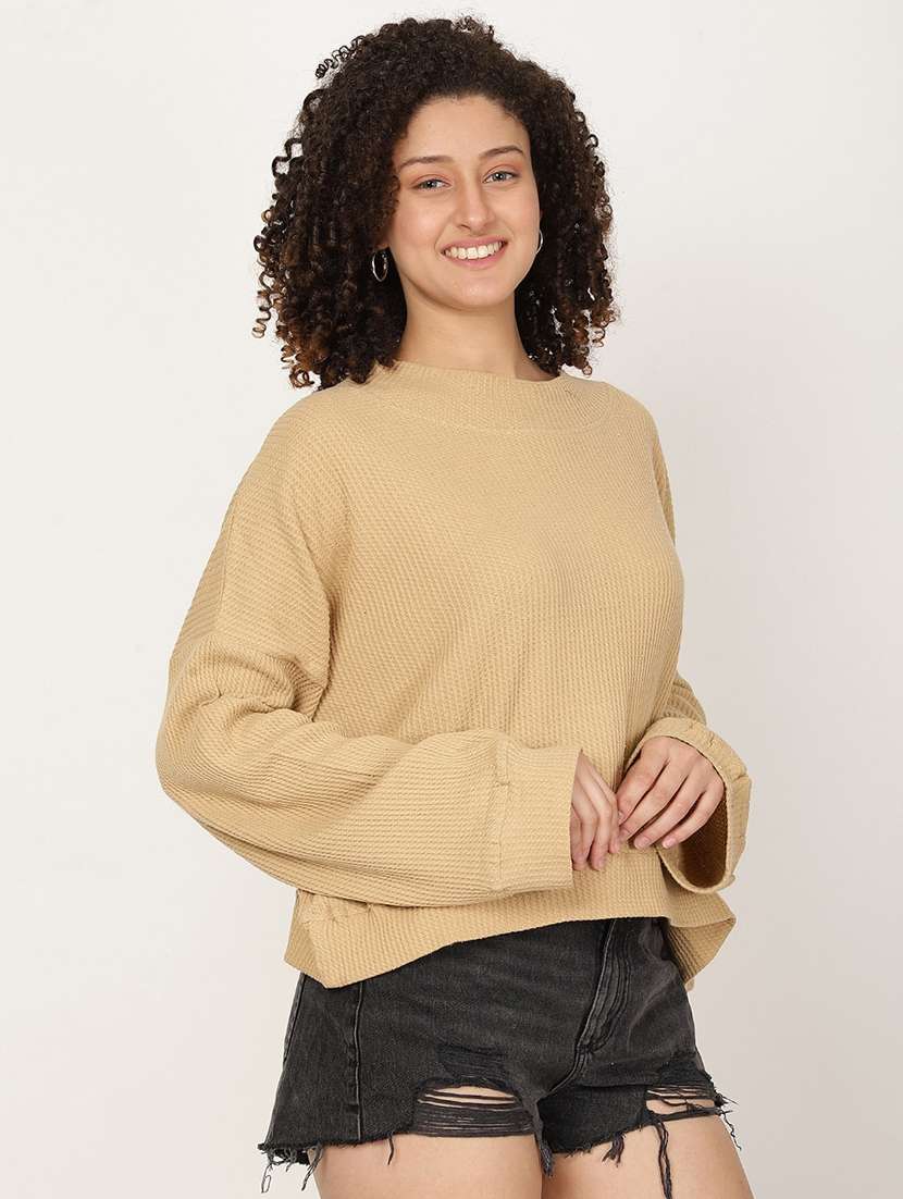 women beige solid long sleeve relaxed fit sweatshirt - 22028617 -  Standard Image - 1