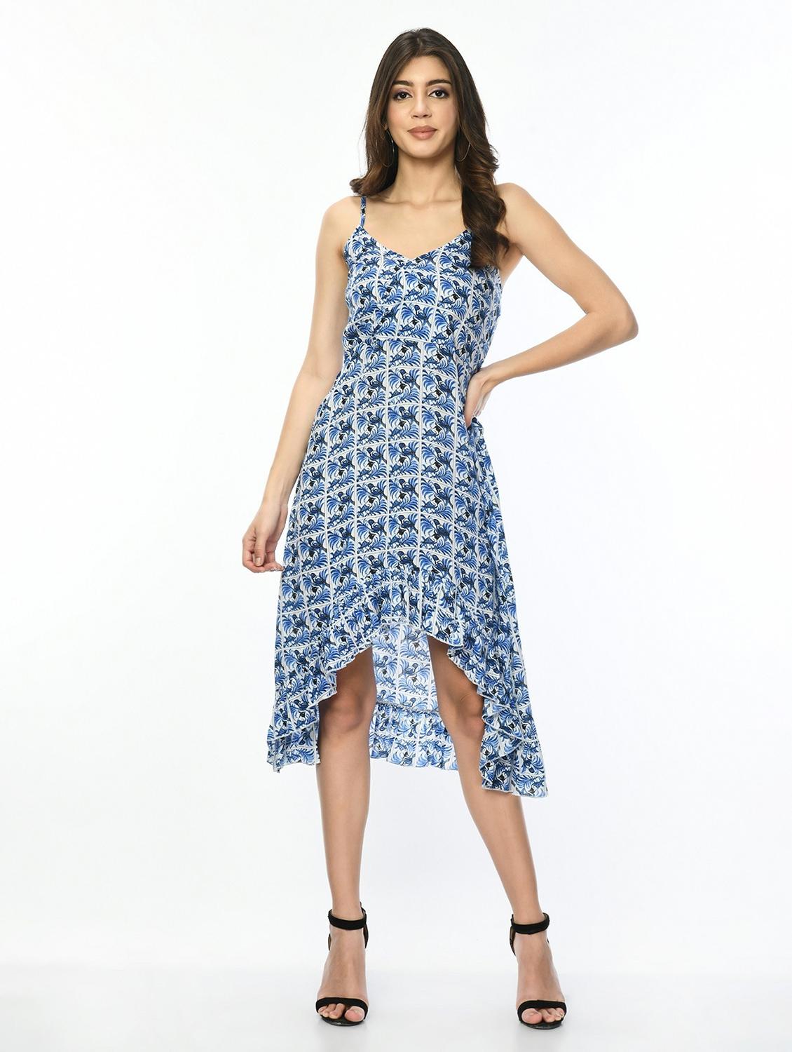 women printed shoulder strap asymmetric dress - 22028651 - Standard Image - 1
