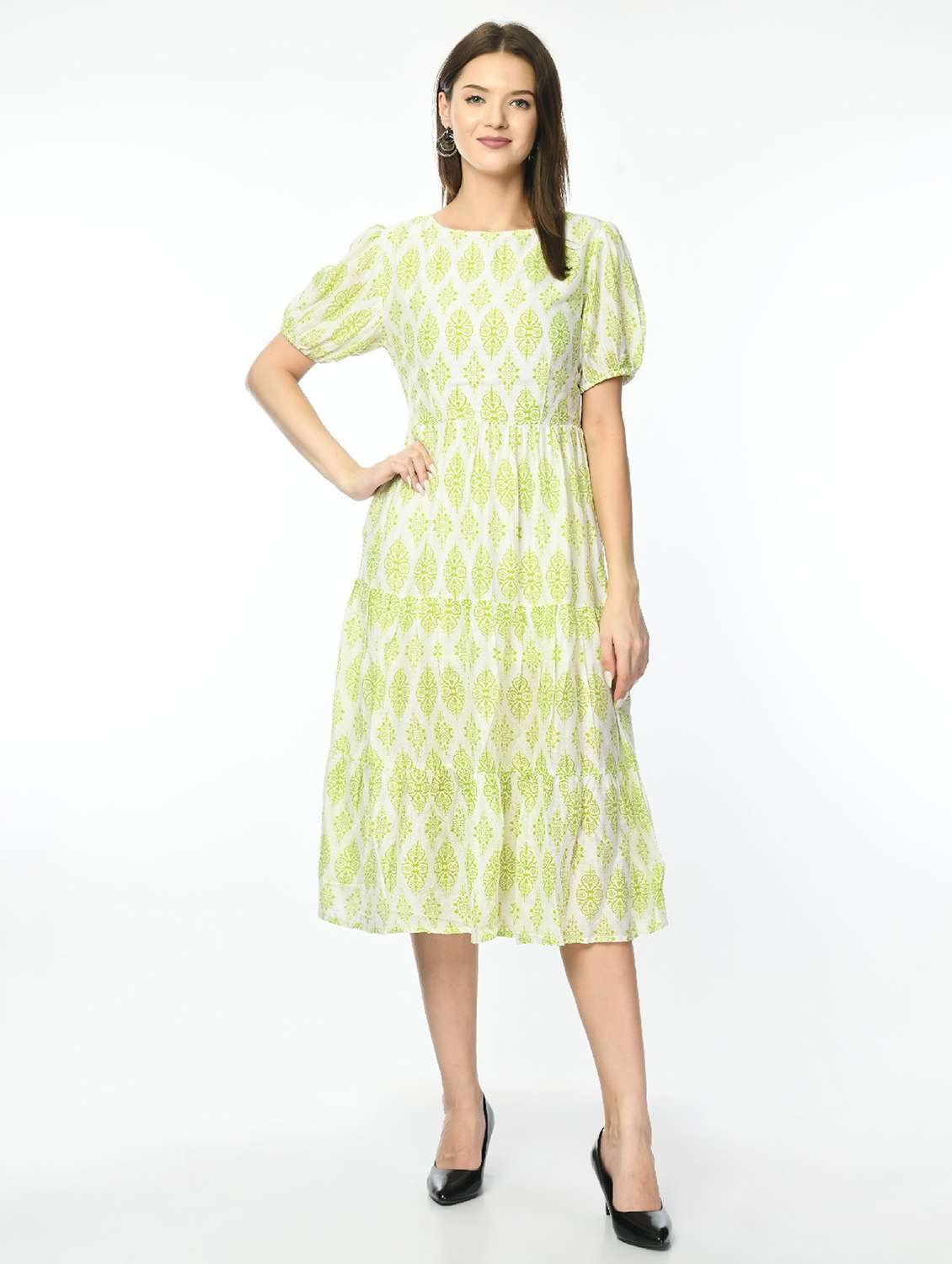 women printed puff sleeve tiered dress - 22028661 -  Standard Image - 1
