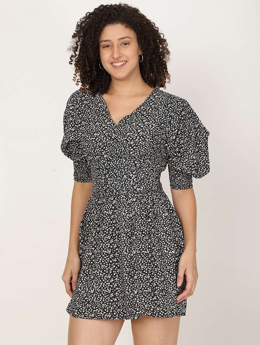 women printed puff sleeve a-line dress - 22028683 -  Standard Image - 1
