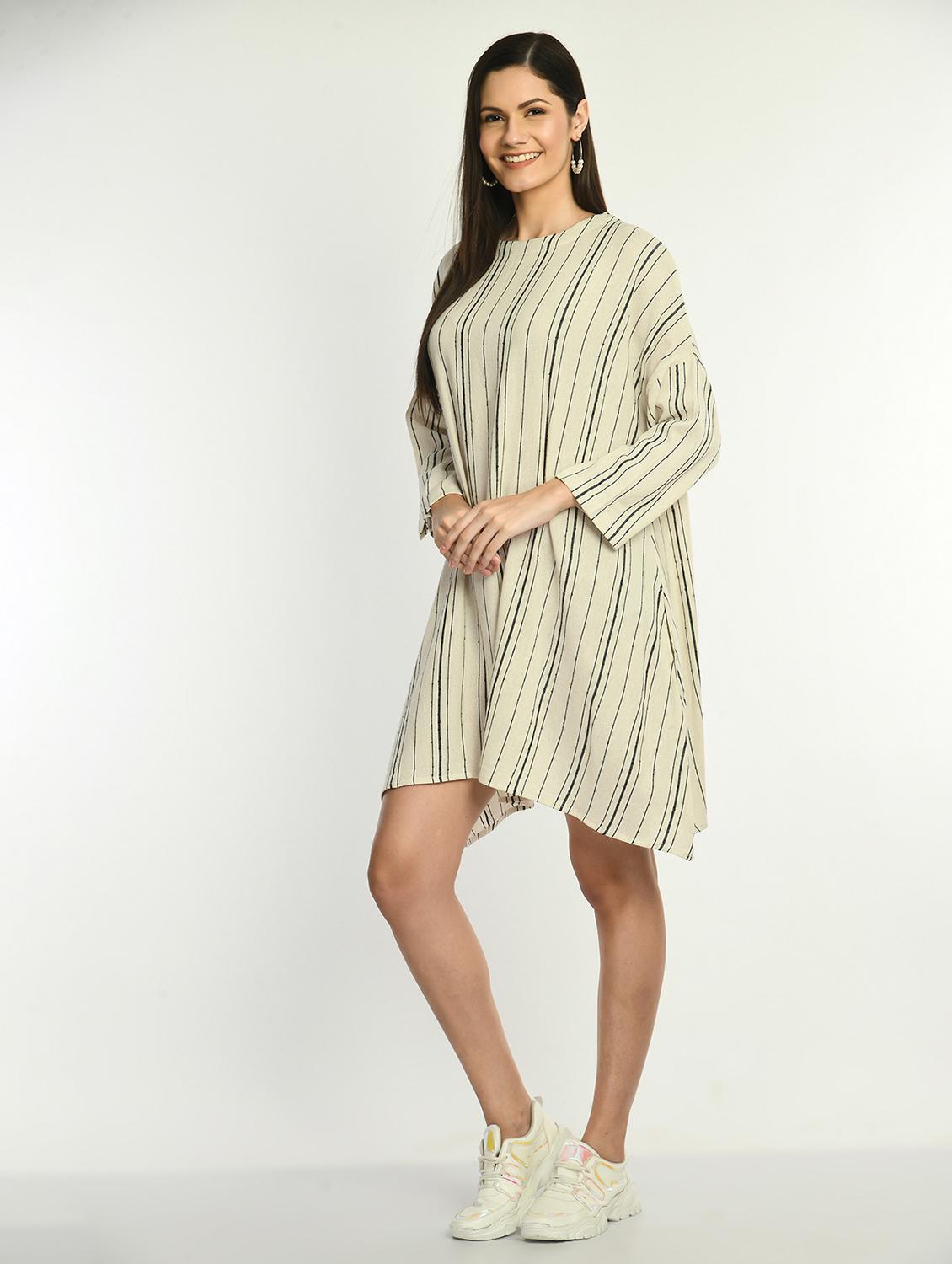 women striped long sleeve relaxed fit a-line dress - 22028727 - Standard Image - 1