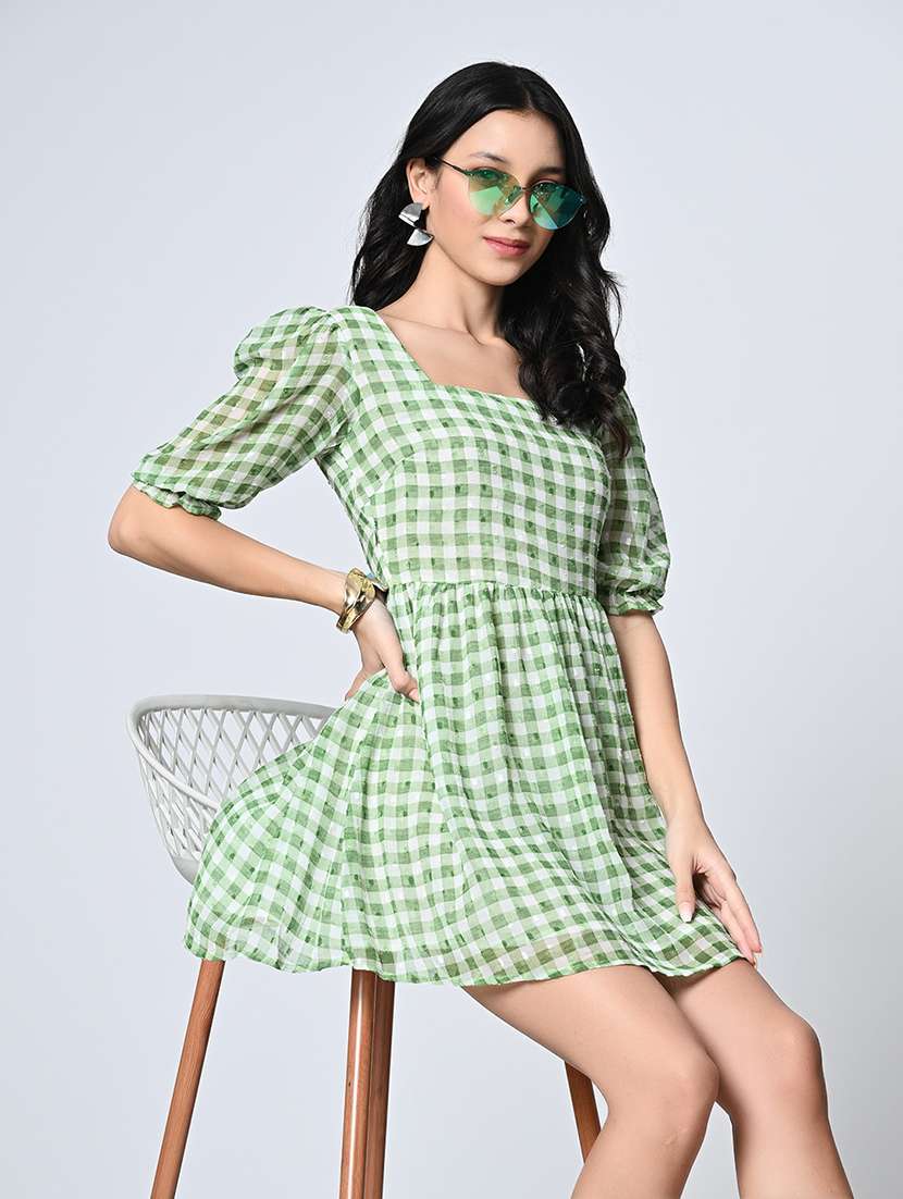 women checkered puff sleeve fit & flared dress - 22028731 -  Standard Image - 1