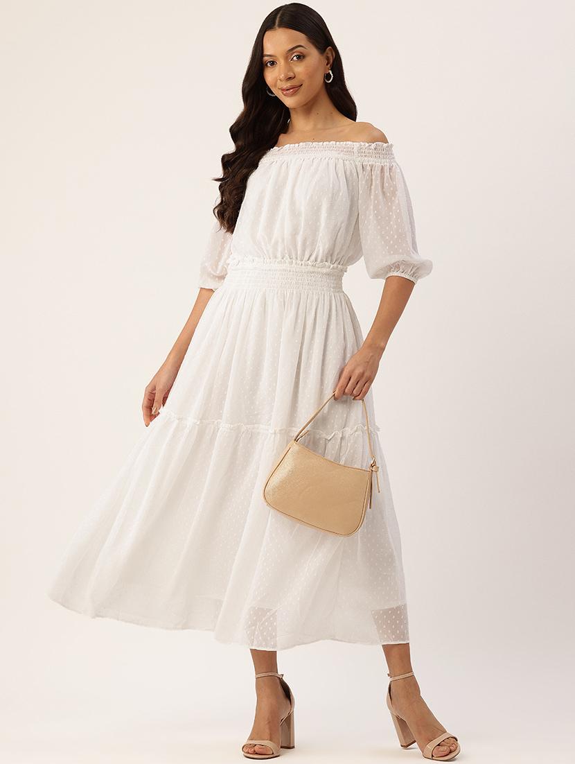 women white solid off shoulder tiered dress - 22028817 -  Zoom Image - 0