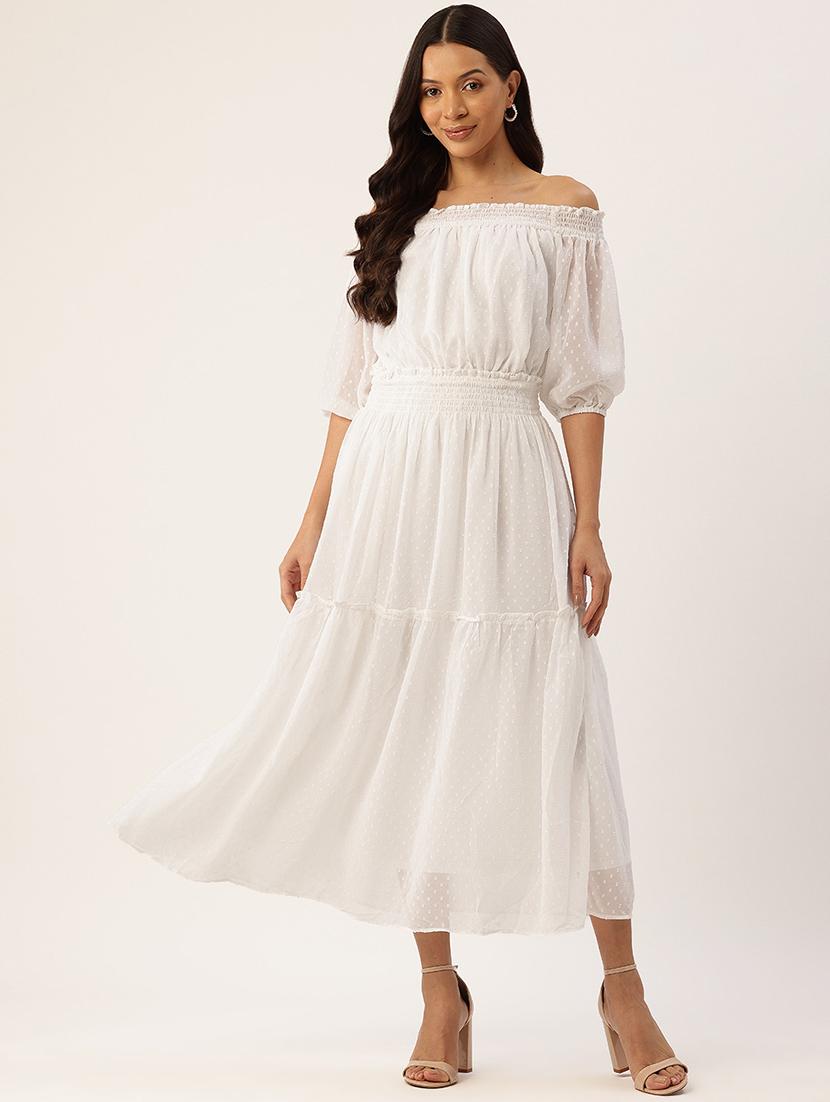 women white solid off shoulder tiered dress - 22028817 -  Standard Image - 1