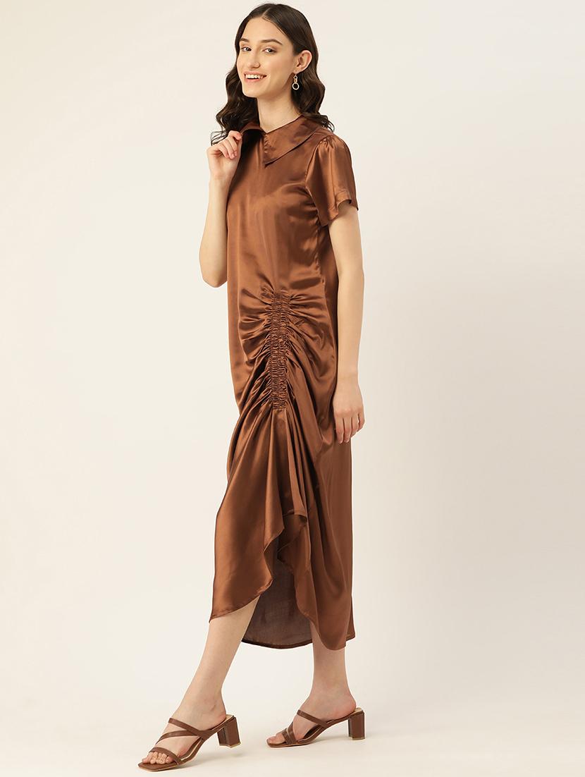women solid collared short sleeve ruched dress - 22028819 - Standard Image - 1
