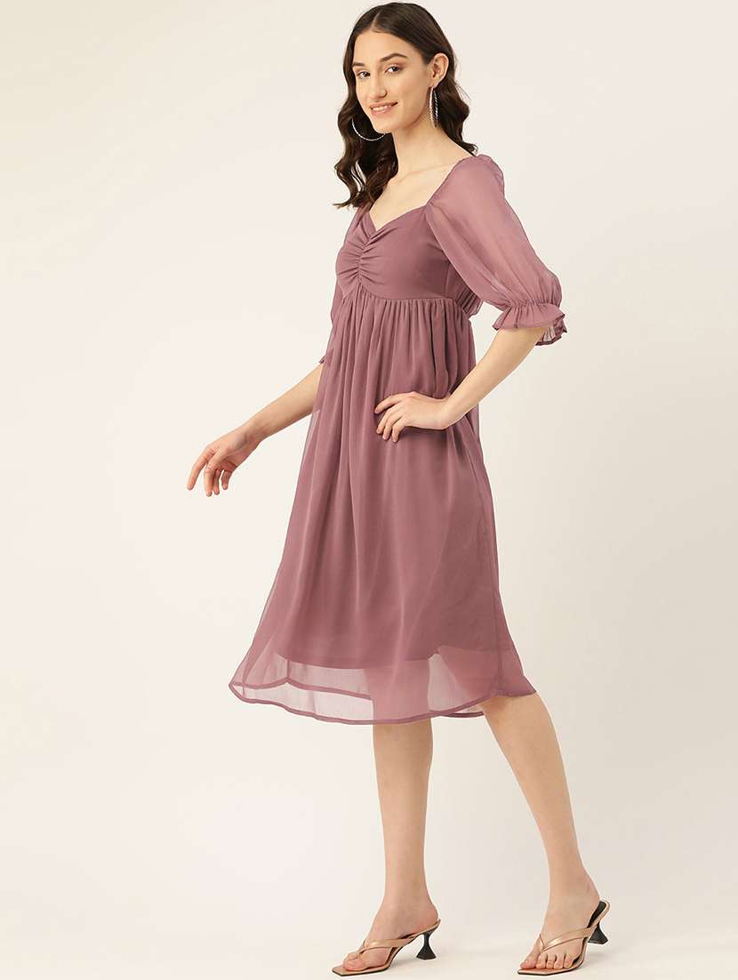 women solid puff sleeve a-line dress - 22028820 -  Standard Image - 1