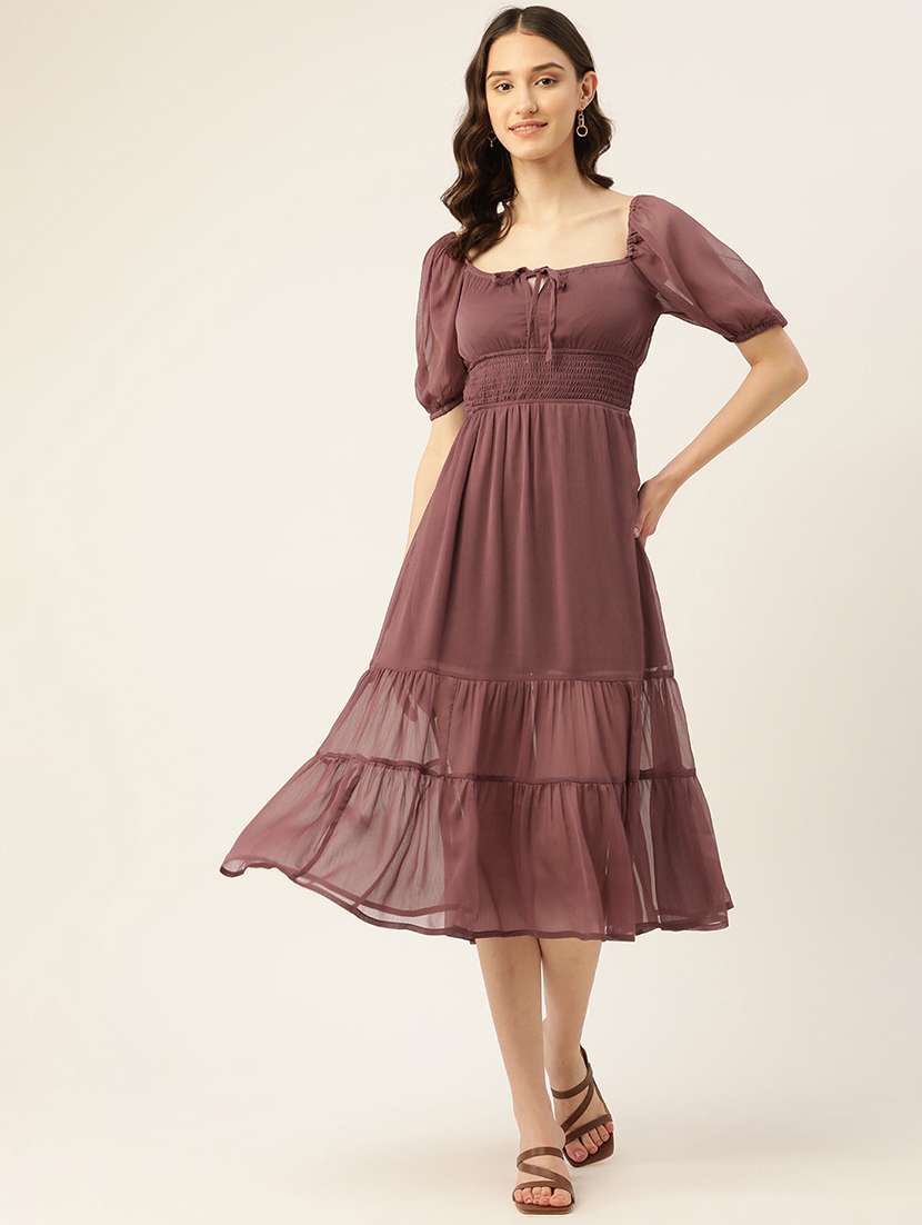 women solid puff sleeve tiered dress - 22028822 -  Standard Image - 1