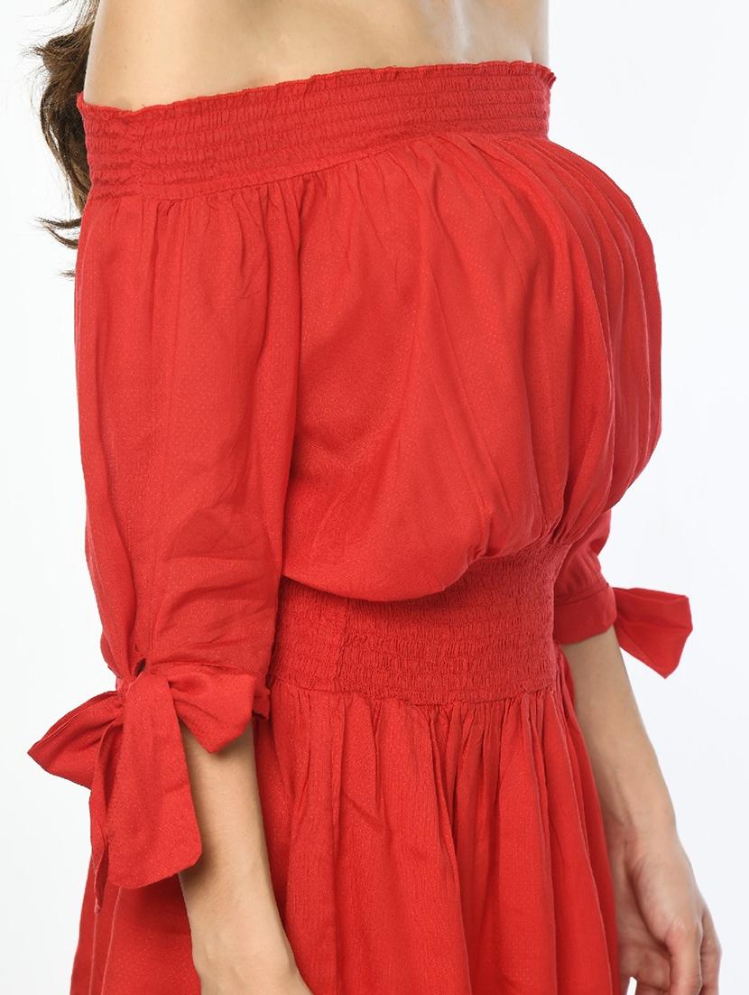 women red solid off shoulder layered dress - 22028826 - Standard Image - 4