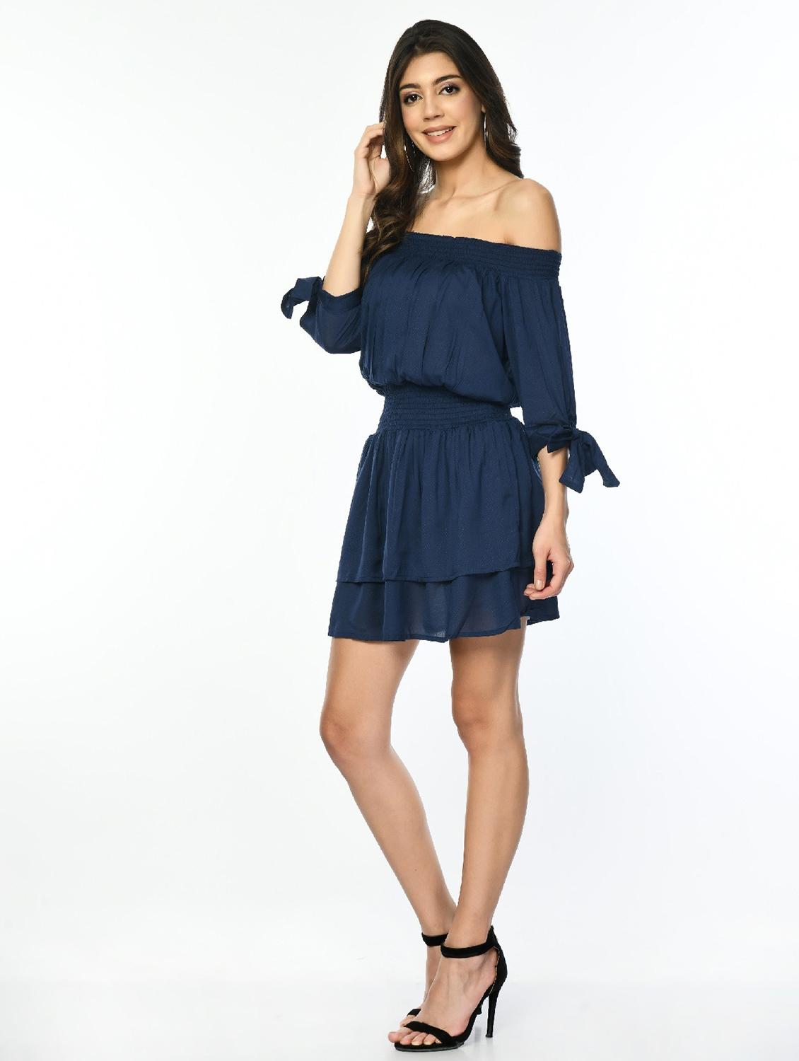 women black solid off shoulder layered dress - 22028830 - Standard Image - 1