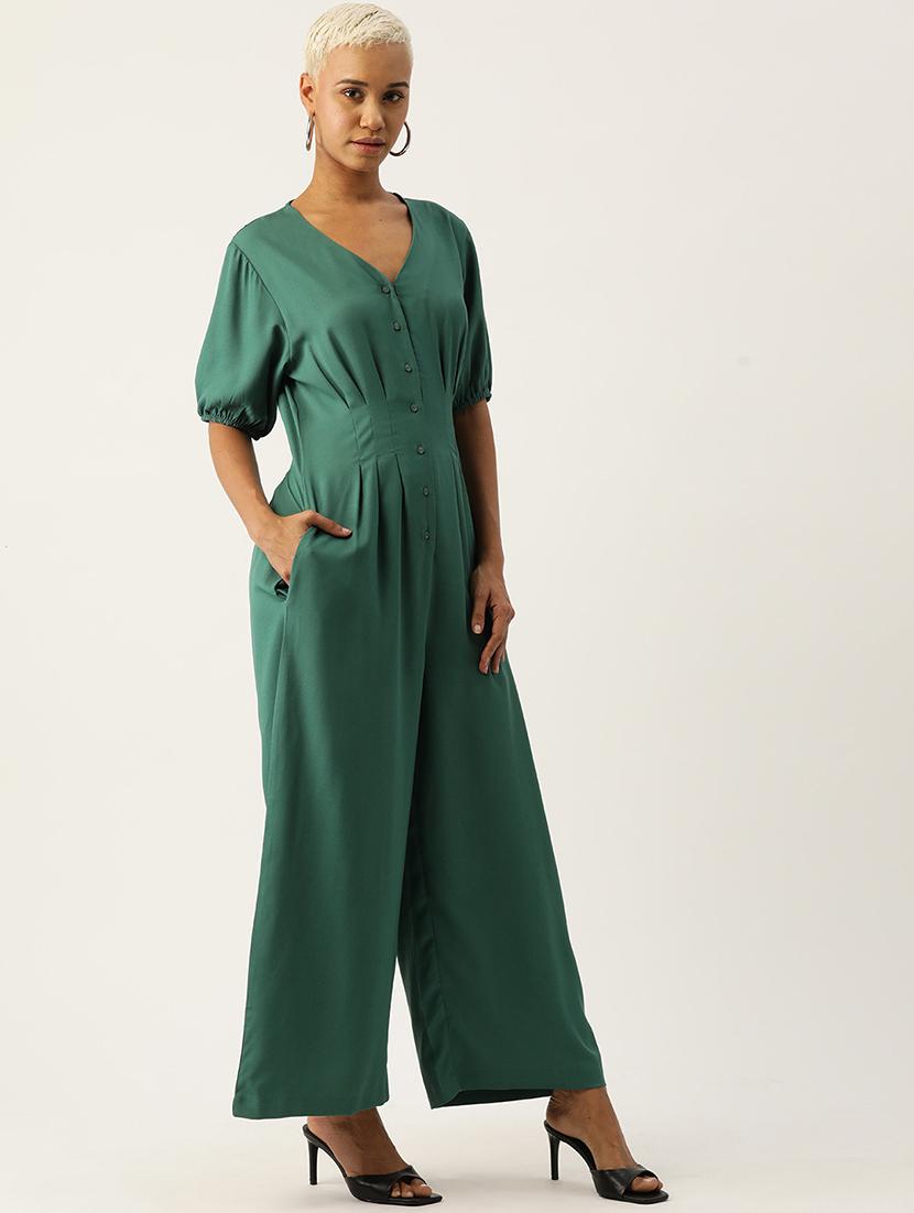 women green solid puff sleeve jumpsuit - 22028832 -  Standard Image - 1