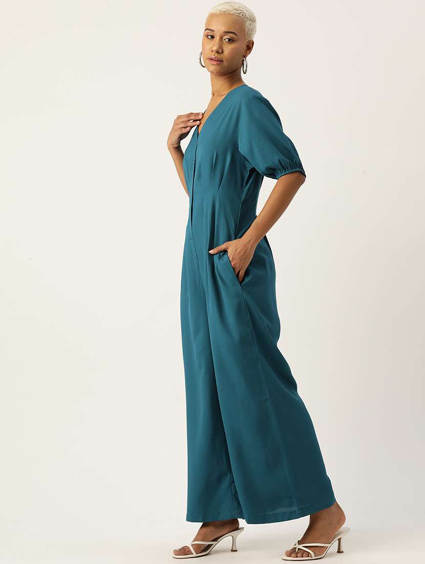 women teal solid puff sleeve jumpsuit - 22028834 -  Standard Image - 1