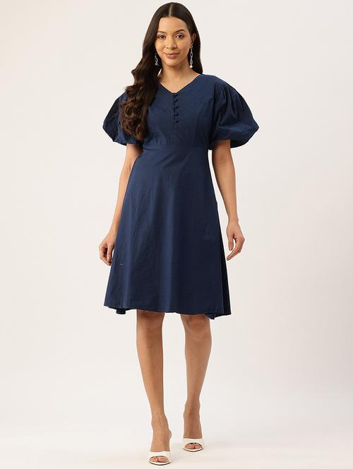 women solid puff sleeve fit & flare dress - 22028835 - Standard Image - 0