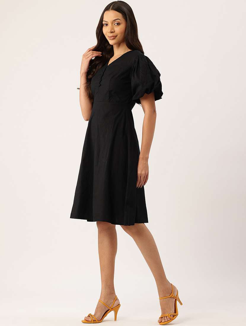 women solid puff sleeve fit & flare dress - 22028836 -  Standard Image - 1