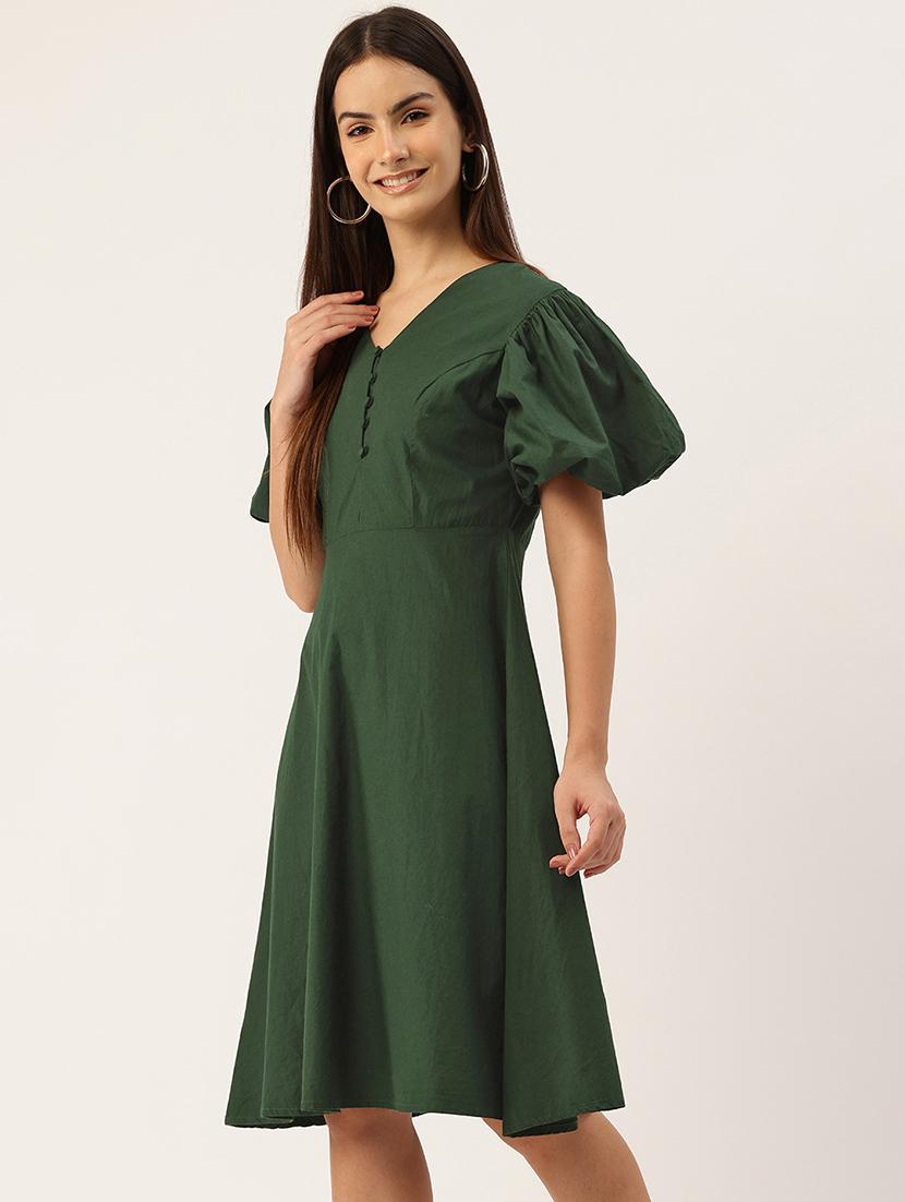 women solid puff sleeve fit & flare dress - 22028837 -  Standard Image - 1