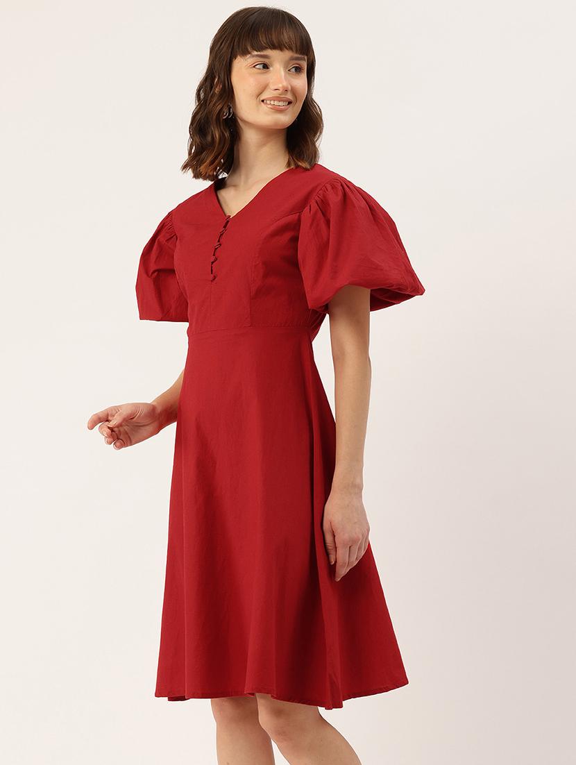 women solid puff sleeve fit & flare dress - 22028838 - Standard Image - 1