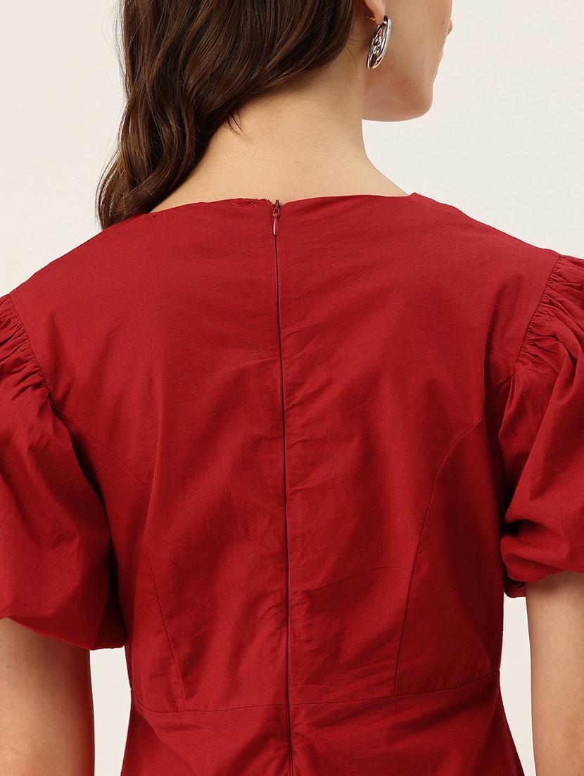 women solid puff sleeve fit & flare dress - 22028838 - Standard Image - 4