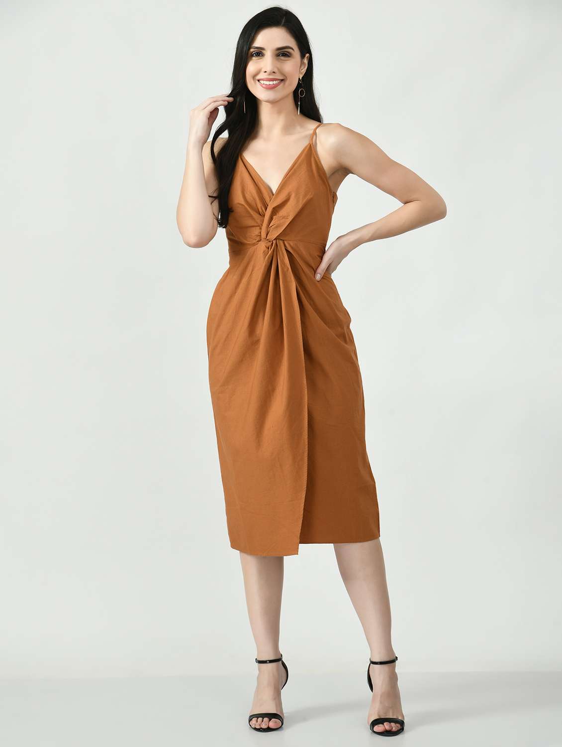 women solid shoulder strap sheath dress