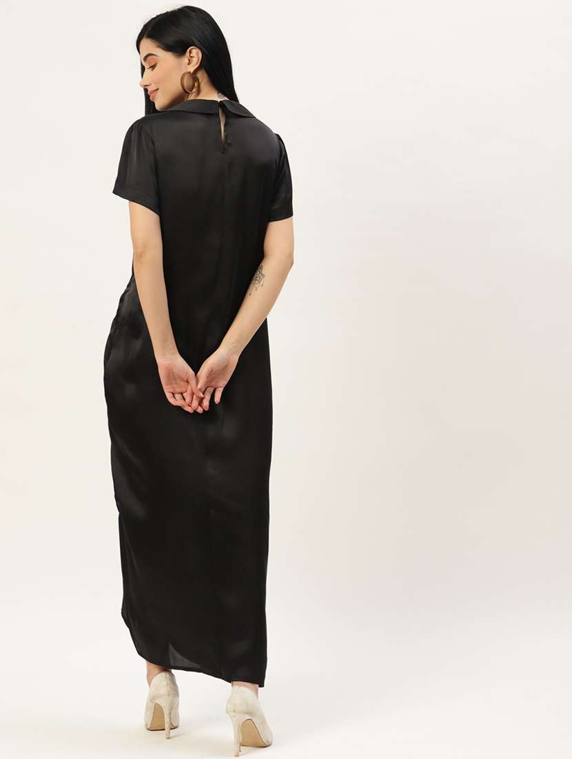 women black solid collared ruched dress - 22028845 -  Standard Image - 1