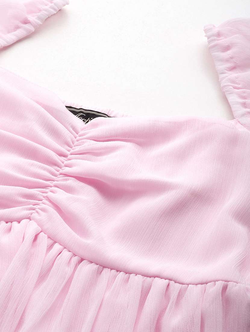 women pink solid puff sleeve a-line dress - 22028847 -  Standard Image - 4