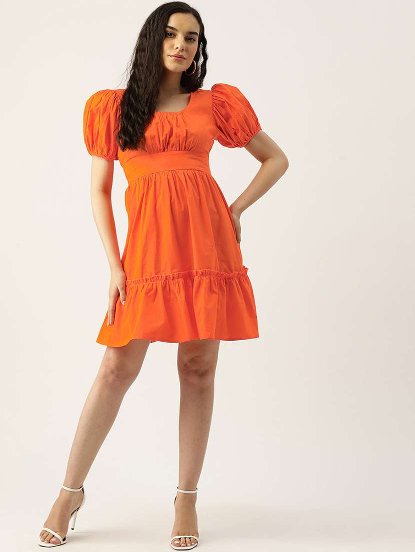 women orange solid puff sleeve tiered dress - 22028850 -  Standard Image - 1