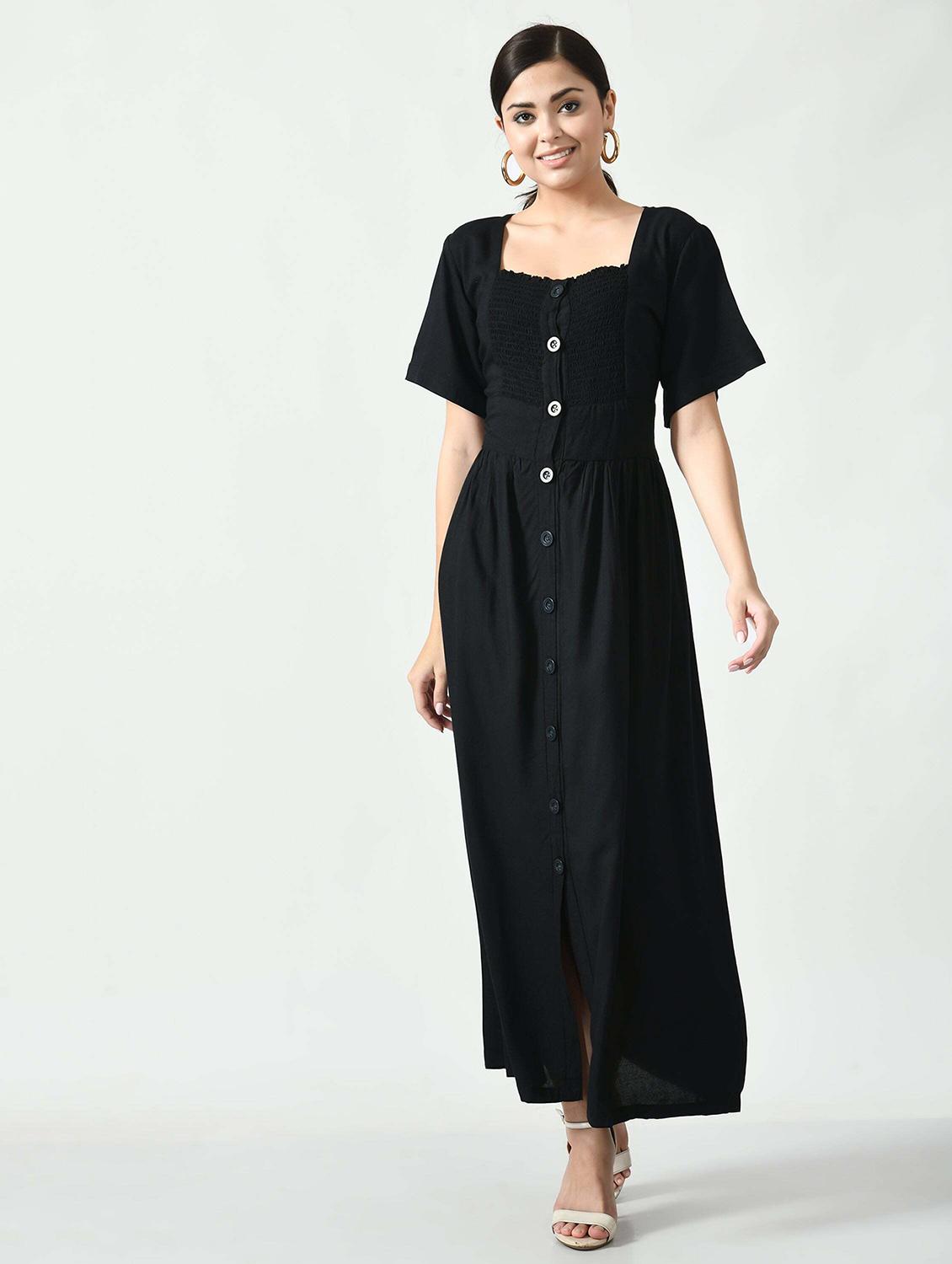 women black solid short sleeve a-line dress - 22028856 - Standard Image - 1