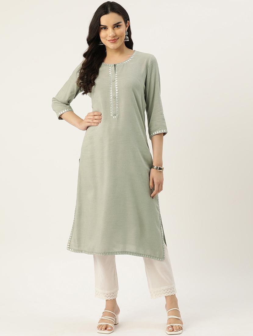 women solid three quarter sleeve straight kurta - 22028857 - Zoom Image - 0
