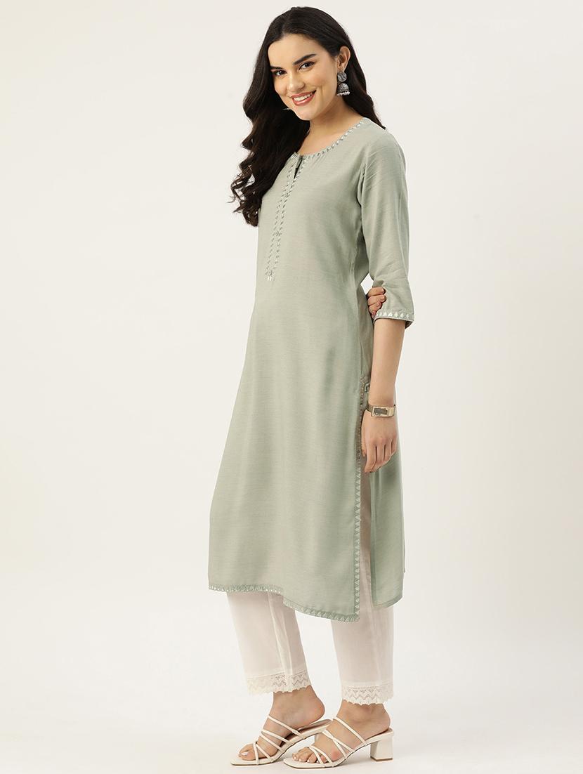 women solid three quarter sleeve straight kurta - 22028857 - Standard Image - 1