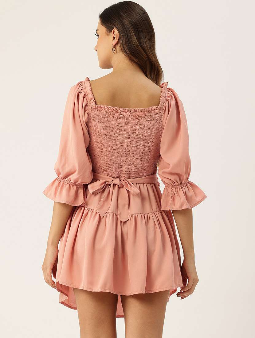 women peach solid puff sleeve tiered dress - 22028858 - Standard Image - 1