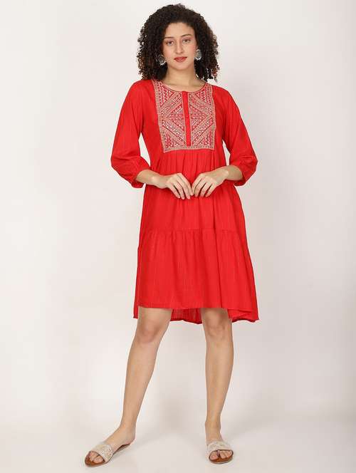 women red embroidered round neck tiered dress - 22028861 -  Standard Image - 0