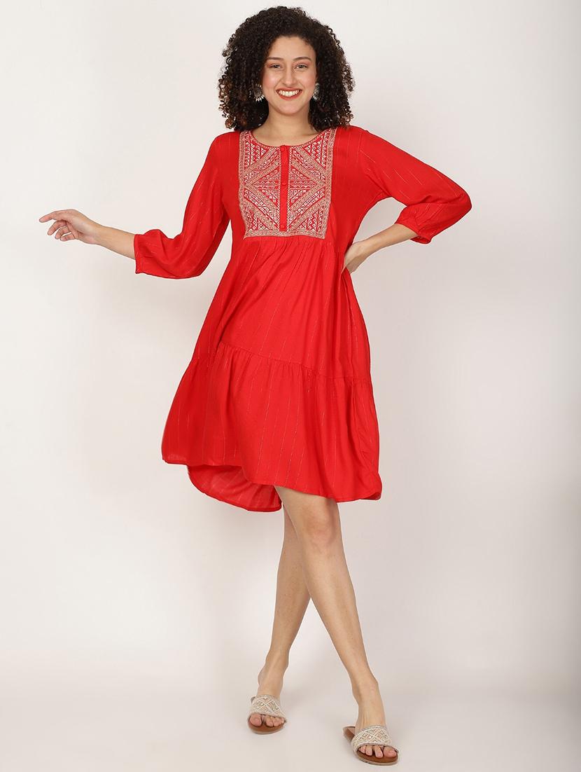women red embroidered round neck tiered dress - 22028861 - Standard Image - 1