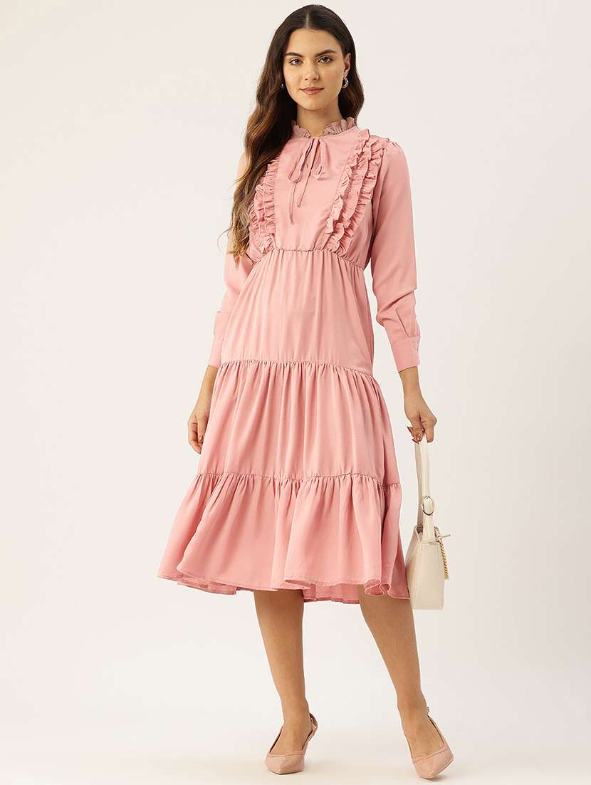 women pink solid tie up neck tiered dress - 22028863 -  Standard Image - 1