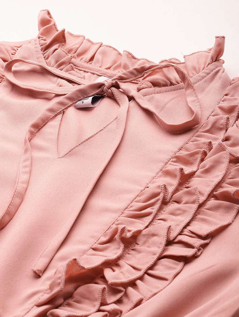 women pink solid tie up neck tiered dress - 22028863 - Standard Image - 4